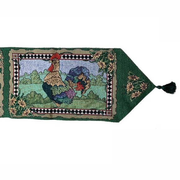 Farmhouse Tapestry Table Runner Tassels Country Rooster Chickens Beth Yarbrough - Picture 2 of 4